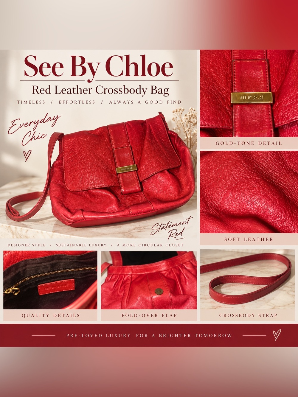 See By Chloé Red Leather Crossbody Bag – Gold-Tone Detail